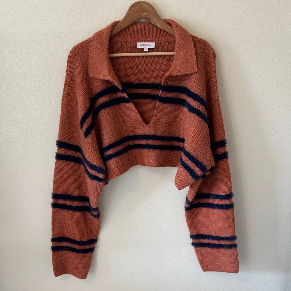 Buttermelon Cropped Sweater | Orange + Blue Size Large